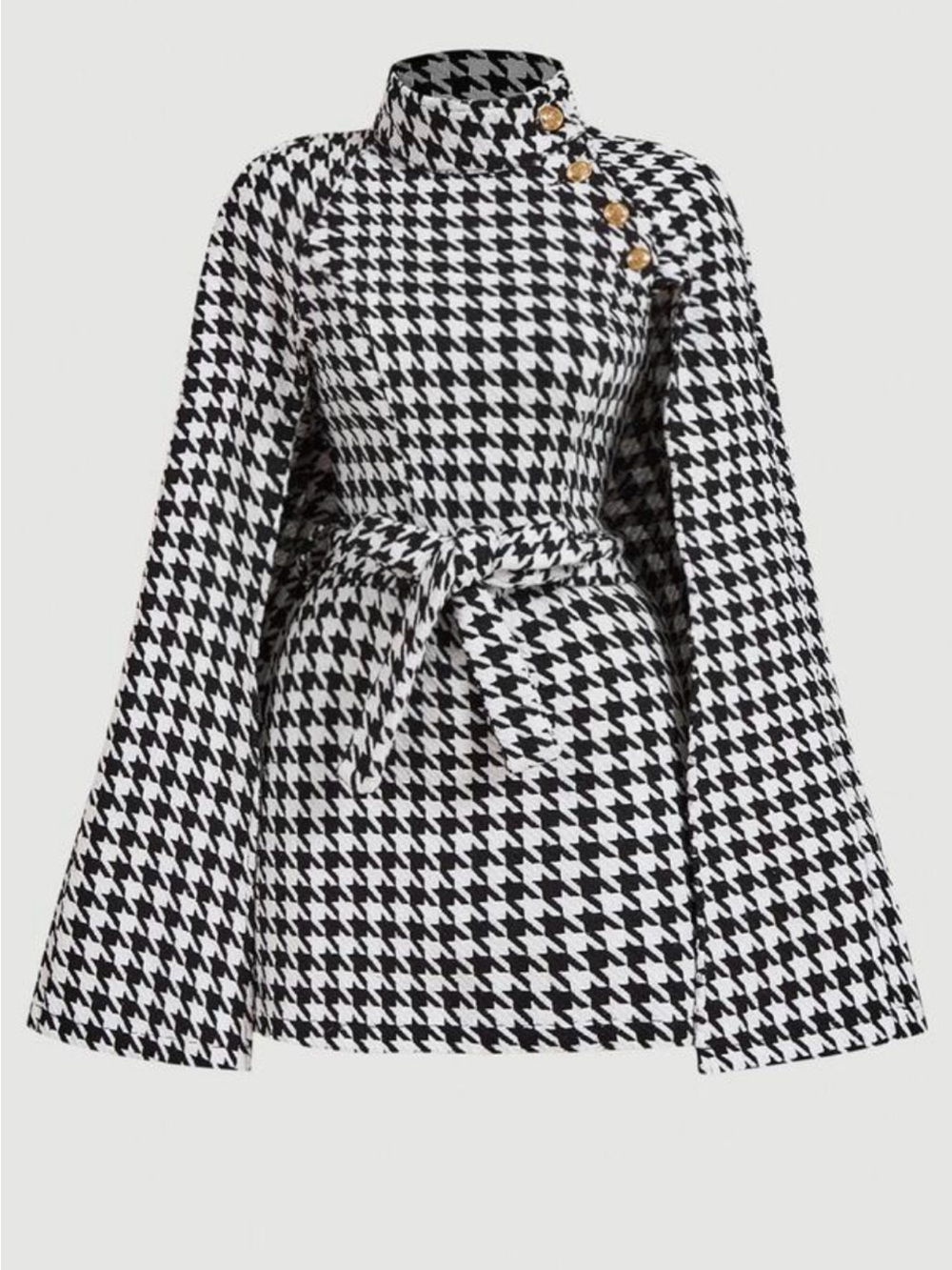 SHEIN Black & White Houndstooth Belted Blazer with Gold Buttons